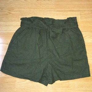 Army Green Paper Bag Shorts with Tie Waist